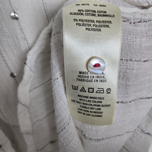 Feather Bone Gauzy Top Blouse Shirt Sz M White Sequins Accents Button Front Boho - Picture 10 of 14